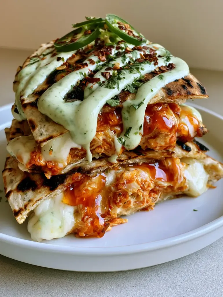 Hot Honey Chicken Quesadillas with Creamy Jalapeno Sauce 3 Close up of a stack of Hot Honey Chicken Quesadillas with charred spots and oozing Monterey Jack cheese.