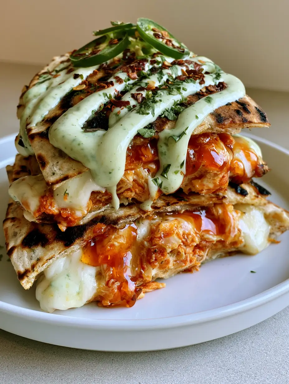 Hot Honey Chicken Quesadillas with Creamy Jalapeno Sauce 4 Close up of a stack of Hot Honey Chicken Quesadillas with charred spots and oozing Monterey Jack cheese.