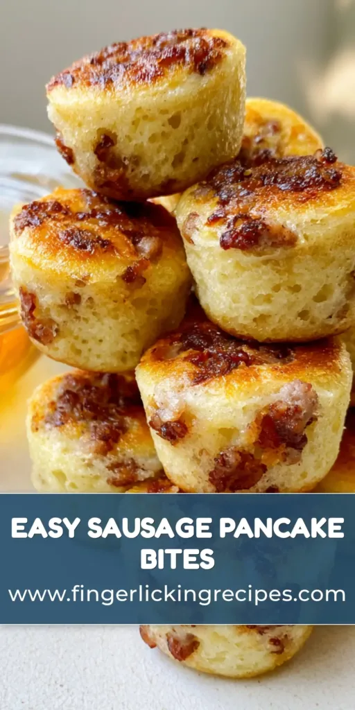 A tall stack of golden-brown Sausage Pancake Muffins served with a side of amber maple syrup on a neutral background.
