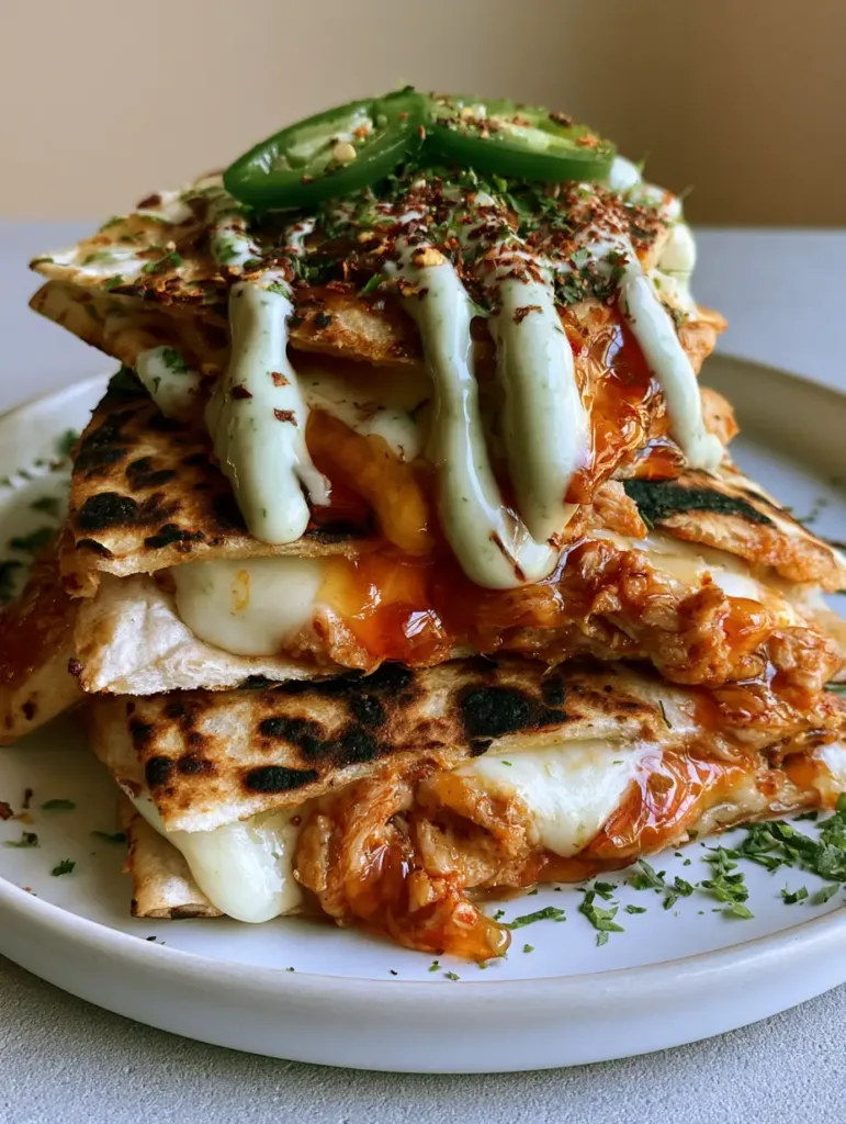 Hot Honey Chicken Quesadillas with Creamy Jalapeno Sauce 2 Handheld photo showing a slice of quesadilla with shredded chicken in a glossy orange-red glaze and pale green drizzle.