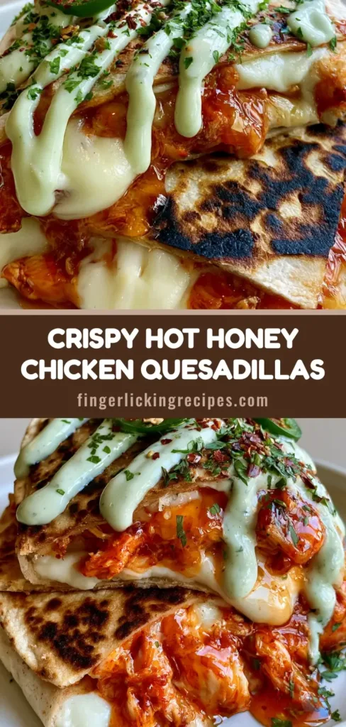 Hot Honey Chicken Quesadillas with Creamy Jalapeno Sauce 6 A stack of sliced Hot Honey Chicken Quesadillas on a white plate with visible hot honey glaze and creamy jalapeno sauce.