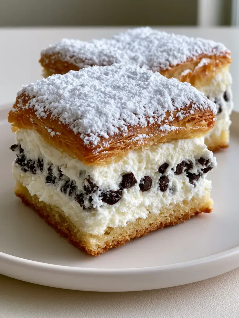 Ricotta Cannoli Squares: The Ultimate Flaky Italian Dessert Bar 3 Handheld smartphone photo of a square-cut Ricotta Cannoli Square on a white plate.