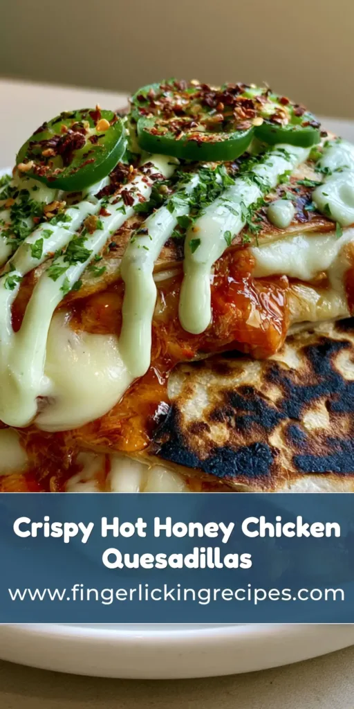 Hot Honey Chicken Quesadillas with Creamy Jalapeno Sauce 7 A stack of sliced Hot Honey Chicken Quesadillas on a white plate with visible hot honey glaze and creamy jalapeno sauce.