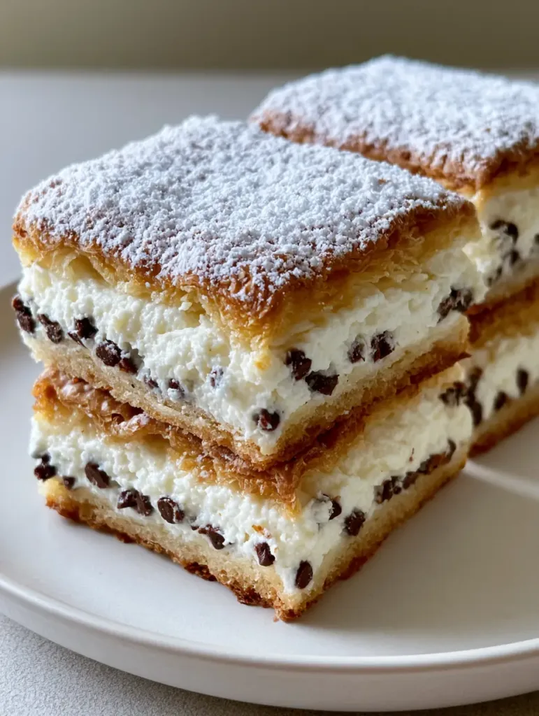 Ricotta Cannoli Squares: The Ultimate Flaky Italian Dessert Bar 2 Sliced Ricotta Cannoli Squares neatly arranged on a white ceramic plate with powdered sugar dusting.