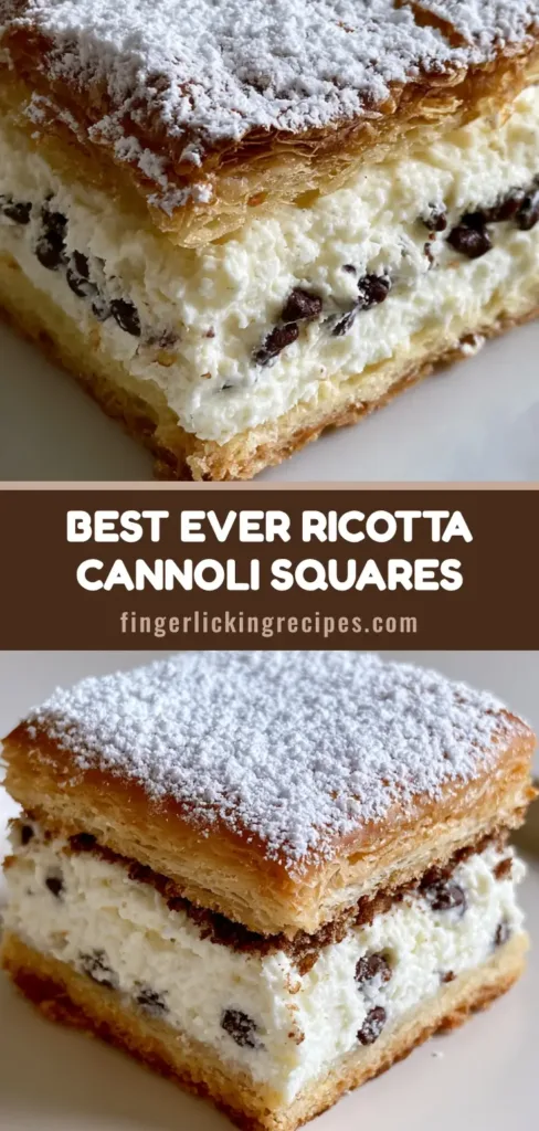 Ricotta Cannoli Squares: The Ultimate Flaky Italian Dessert Bar 6 A stack of Ricotta Cannoli Squares showing the flaky golden-brown crust and thick white filling with chocolate chips.