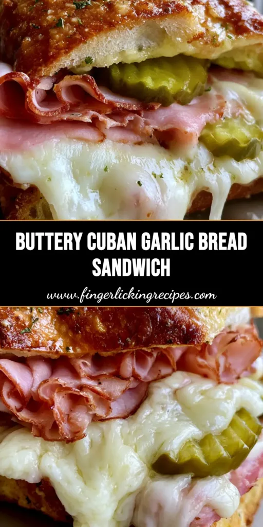 A handheld smartphone photo of a Cuban Garlic Bread Sandwich sliced at a sharp angle, featuring thick toasted baguette, ruffled pink smoked ham, and dripping melted Swiss cheese.