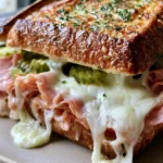 Cuban Garlic Bread Sandwich: The Ultimate Buttery Toasted Mashup Close up of a Cuban Garlic Bread Sandwich with glistening garlic butter and green parsley specks on a golden crust.