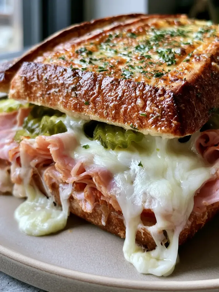 Close up of a Cuban Garlic Bread Sandwich with glistening garlic butter and green parsley specks on a golden crust.