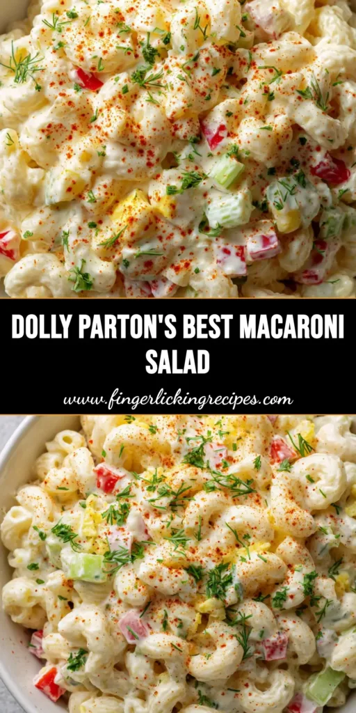 A close-up vertical shot of Dolly Parton Macaroni Salad with creamy ivory dressing, red peppers, and yellow egg chunks in a white bowl.