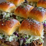 Close up of Pulled Pork Sliders showing juicy meat, charred bark, and thick creamy coleslaw.