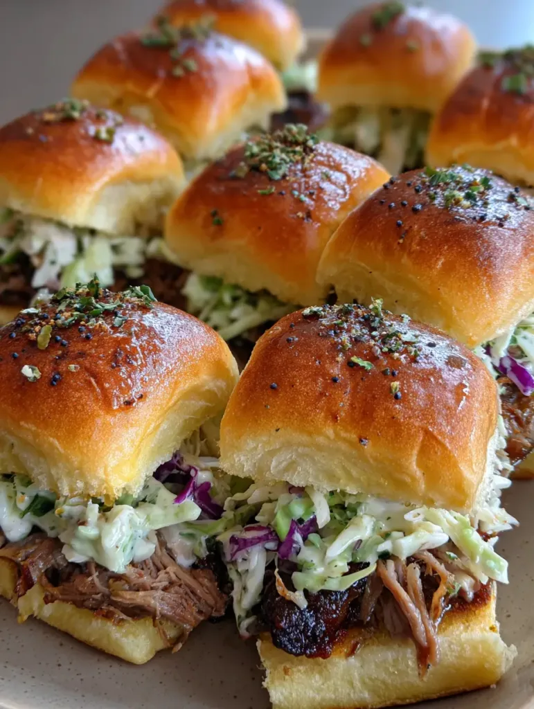 Close up of Pulled Pork Sliders showing juicy meat, charred bark, and thick creamy coleslaw.