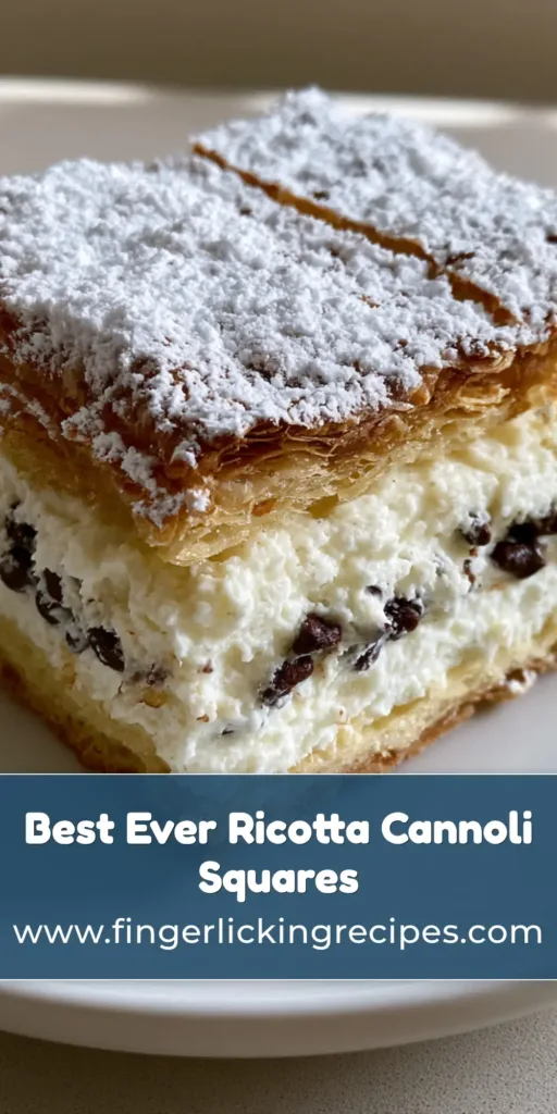 Ricotta Cannoli Squares: The Ultimate Flaky Italian Dessert Bar 7 A stack of Ricotta Cannoli Squares showing the flaky golden-brown crust and thick white filling with chocolate chips.