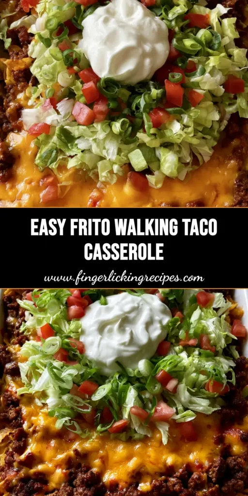 Walking Taco Casserole: The Ultimate Crispy & Cheesy Family Dinner 5 A high-angle photo of a Walking Taco Casserole in a white dish with Fritos, beef, melted cheddar, lettuce, tomatoes, and sour cream.