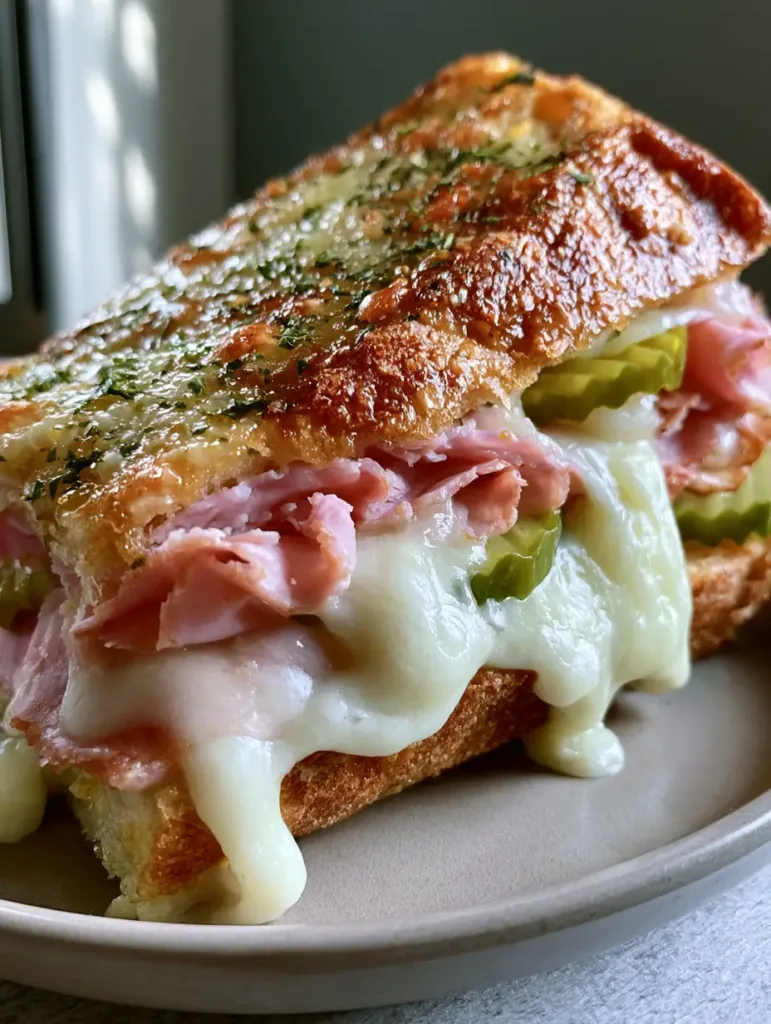 Side view of the Cuban Garlic Bread Sandwich showing layers of ruffled ham and crinkle-cut pickles inside a toasted baguette.