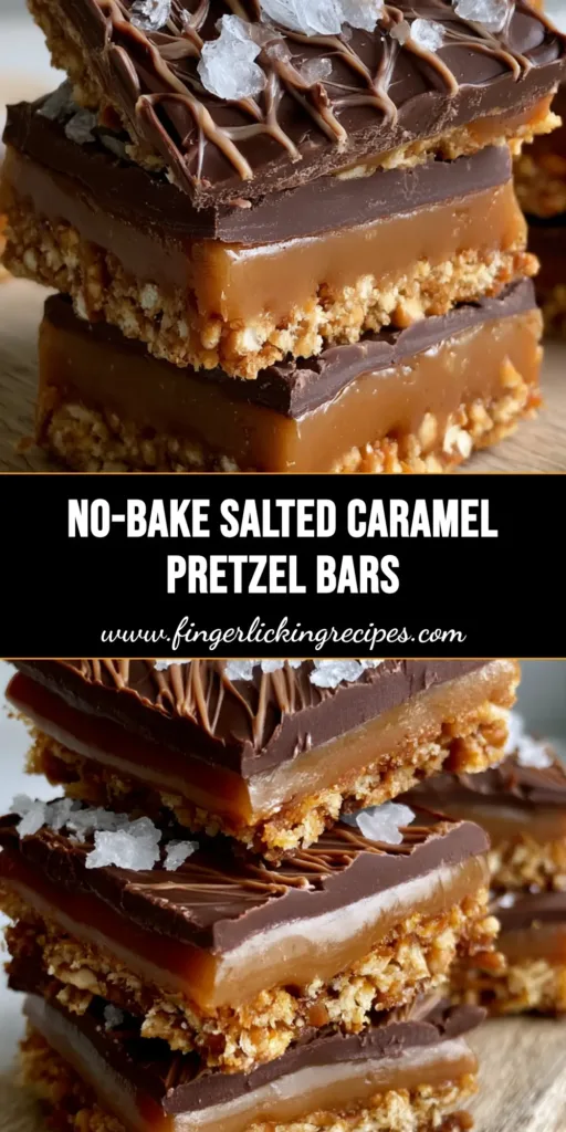 A stack of No-Bake Salted Caramel Pretzel Bars showing three distinct layers on a rustic wood board.