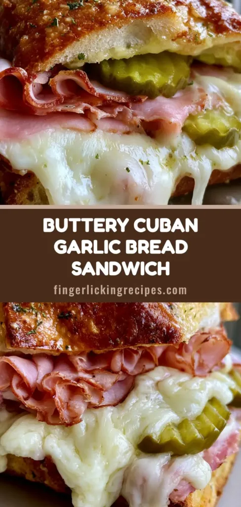 A handheld smartphone photo of a Cuban Garlic Bread Sandwich sliced at a sharp angle, featuring thick toasted baguette, ruffled pink smoked ham, and dripping melted Swiss cheese.