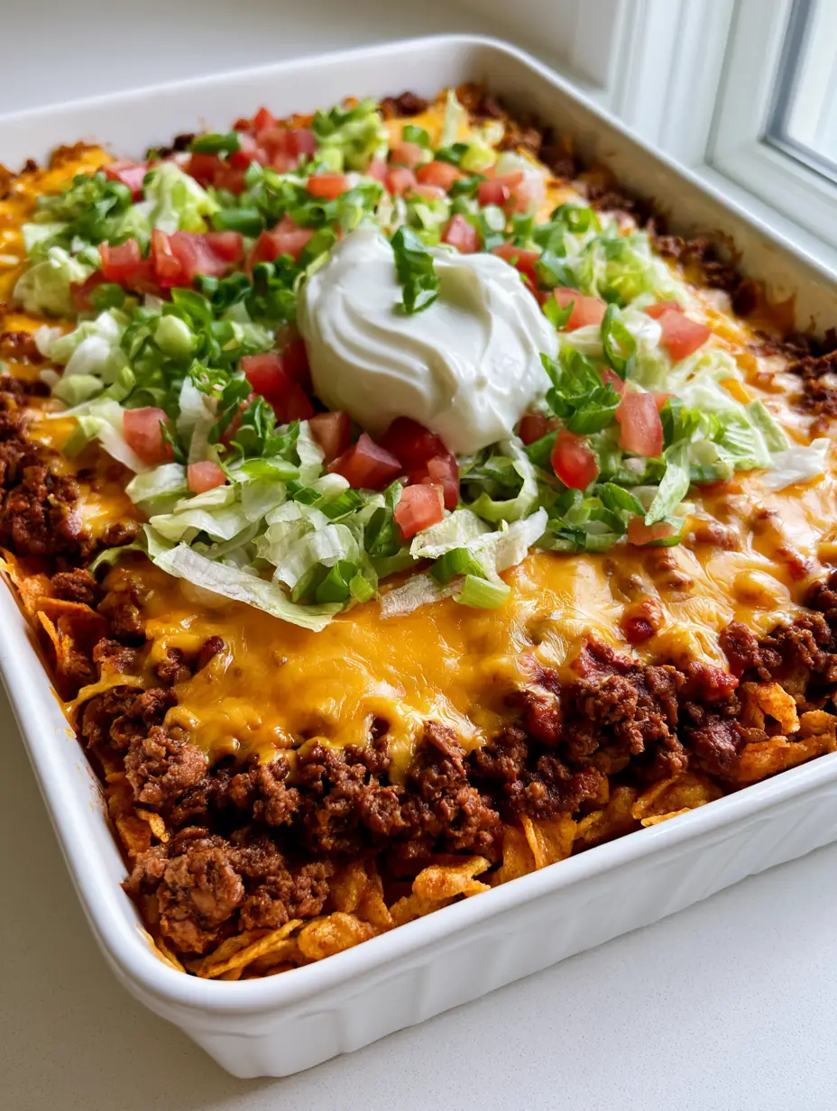 Walking Taco Casserole: The Ultimate Crispy & Cheesy Family Dinner 4 Close-up of Walking Taco Casserole layers showing crispy Fritos, seasoned beef, and bubbly melted orange cheddar cheese.