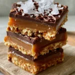 Close up view of the golden-brown pretzel crust and thick amber caramel in No-Bake Salted Caramel Pretzel Bars.