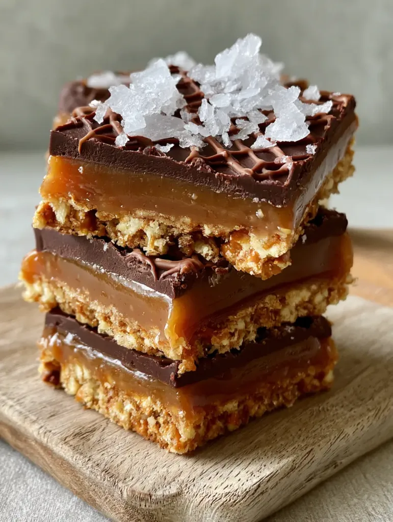 Close up view of the golden-brown pretzel crust and thick amber caramel in No-Bake Salted Caramel Pretzel Bars.