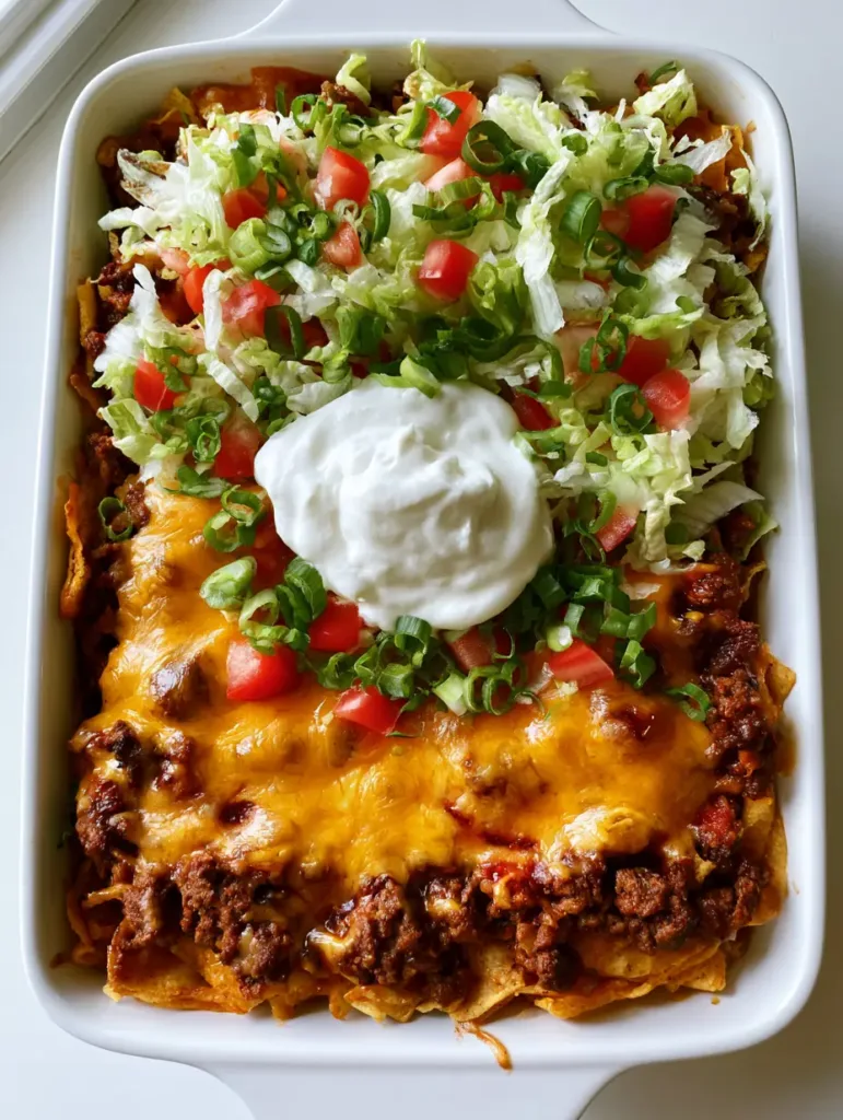Walking Taco Casserole: The Ultimate Crispy & Cheesy Family Dinner 2 Full rectangular white ceramic baking dish containing Walking Taco Casserole topped with lettuce, tomatoes, and a sour cream dollop.