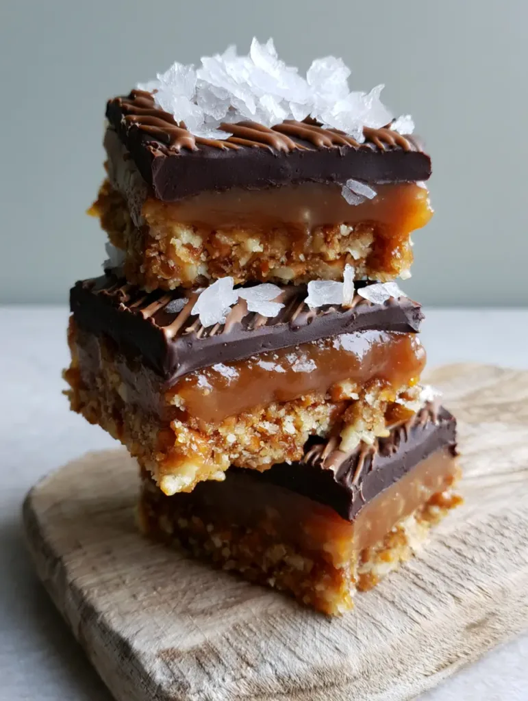 Top view of No-Bake Salted Caramel Pretzel Bars showing the milk chocolate zigzag drizzle and sea salt flakes.