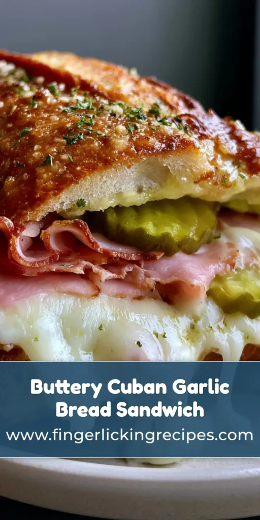 A handheld smartphone photo of a Cuban Garlic Bread Sandwich sliced at a sharp angle, featuring thick toasted baguette, ruffled pink smoked ham, and dripping melted Swiss cheese.
