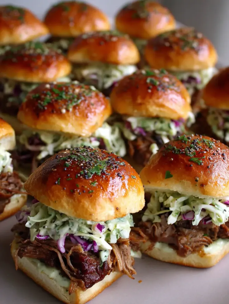 A batch of glistening herb butter Pulled Pork Sliders arranged on a plate in natural light.