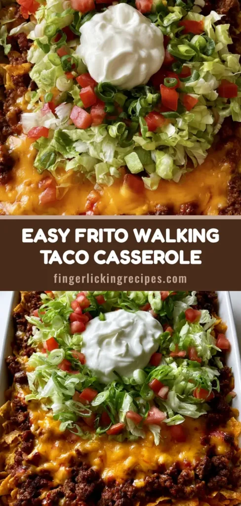 Walking Taco Casserole: The Ultimate Crispy & Cheesy Family Dinner 6 A high-angle photo of a Walking Taco Casserole in a white dish with Fritos, beef, melted cheddar, lettuce, tomatoes, and sour cream.