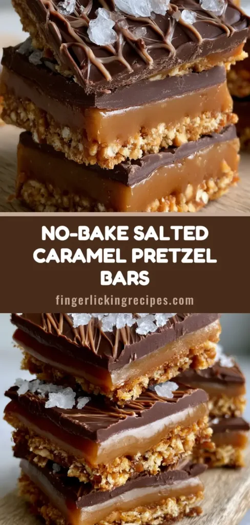 A stack of No-Bake Salted Caramel Pretzel Bars showing three distinct layers on a rustic wood board.