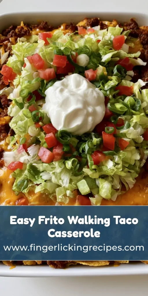 Walking Taco Casserole: The Ultimate Crispy & Cheesy Family Dinner 7 A high-angle photo of a Walking Taco Casserole in a white dish with Fritos, beef, melted cheddar, lettuce, tomatoes, and sour cream.