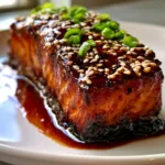 Close-up of glossy dark amber glaze on a baked Brown Sugar Glazed Salmon fillet.