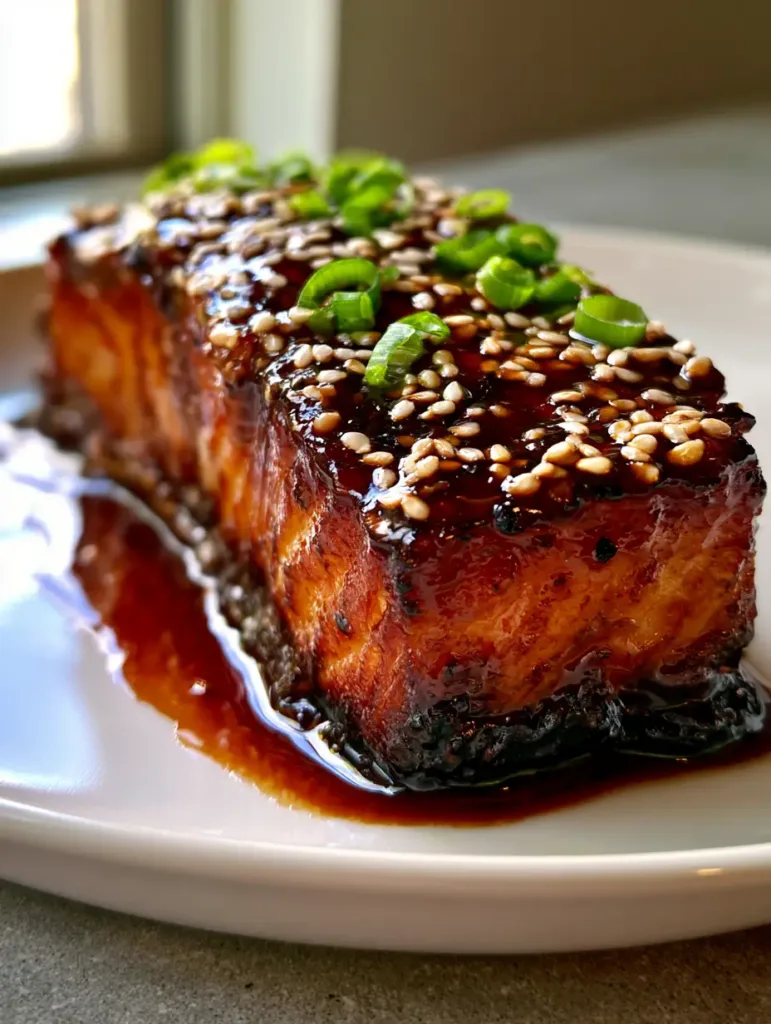 Brown Sugar Glazed Salmon: The Ultimate Caramelized Oven-Baked Recipe 3 Close-up of glossy dark amber glaze on a baked Brown Sugar Glazed Salmon fillet.