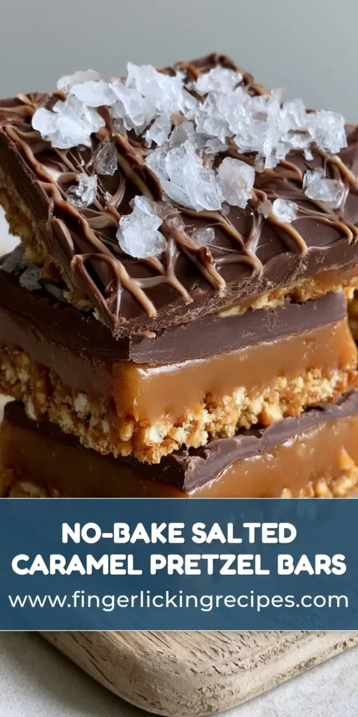 A stack of No-Bake Salted Caramel Pretzel Bars showing three distinct layers on a rustic wood board.