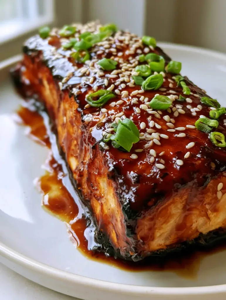 Brown Sugar Glazed Salmon: The Ultimate Caramelized Oven-Baked Recipe 2 Handheld photo of Brown Sugar Glazed Salmon on a white ceramic plate with syrupy glaze pool.