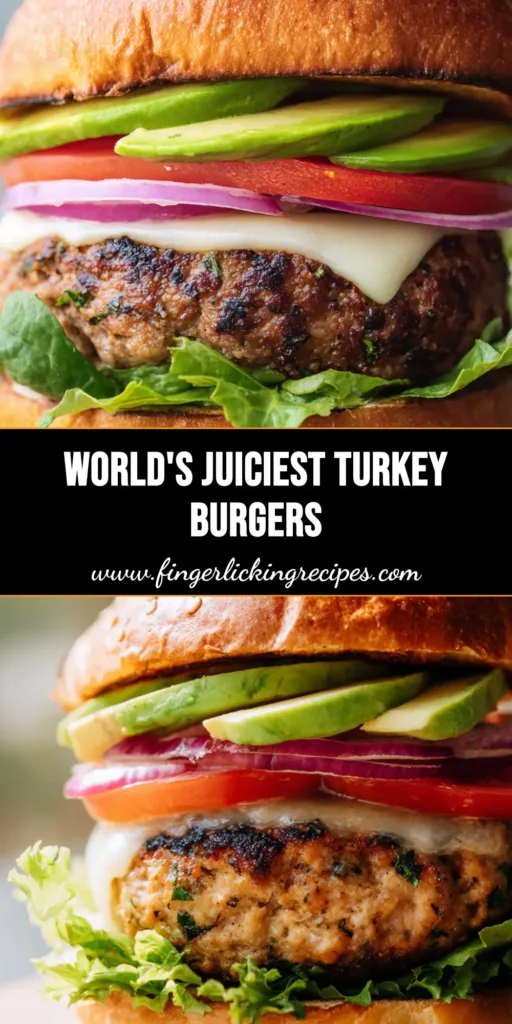 A towering Juicy Ground Turkey Burger stacked with melted provolone, avocado, and red onion on a sesame brioche bun. (Juicy Ground Turkey Burgers)
