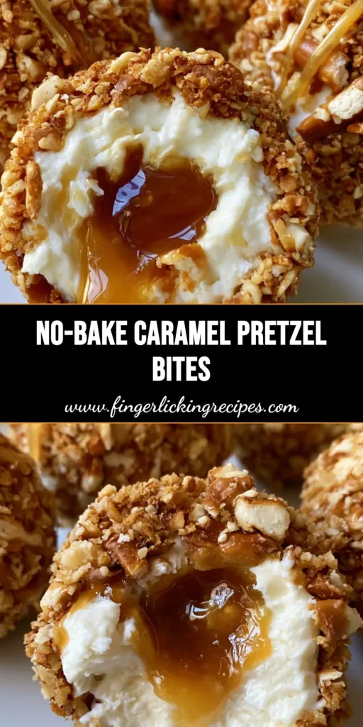 Salted Caramel Pretzel Cheesecake Bites: The Ultimate No-Bake Sweet & Salty Treat 5 A stack of Salted Caramel Pretzel Cheesecake Bites on a white plate with a center bite showing a liquid caramel core.