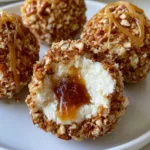 Close-up of no-bake cheesecake balls heavily coated in crushed salted pretzels with caramel drizzle. (Salted Caramel Pretzel Cheesecake Bites)