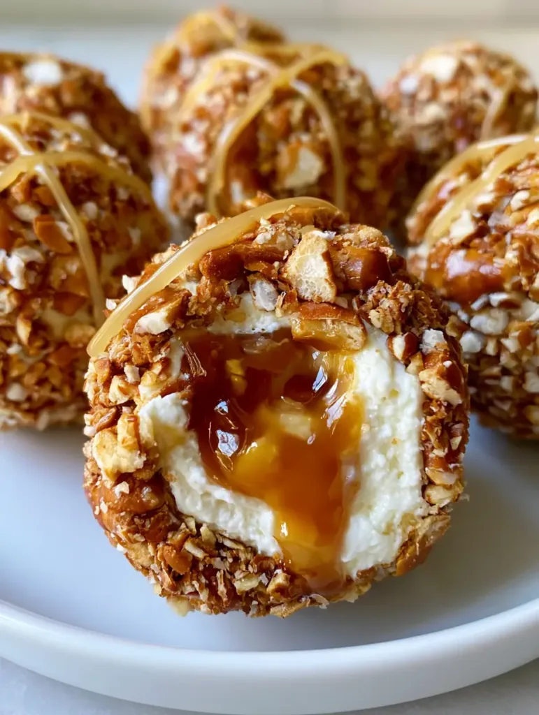 Salted Caramel Pretzel Cheesecake Bites: The Ultimate No-Bake Sweet & Salty Treat 2 A sliced Salted Caramel Pretzel Cheesecake Bite revealing a smooth white interior and flowing amber caramel core.