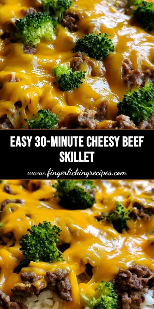 A black cast iron skillet filled with Cheesy Beef and Broccoli Rice, featuring browned ground beef, fluffy white rice, bright green broccoli, and melted orange cheddar sauce.