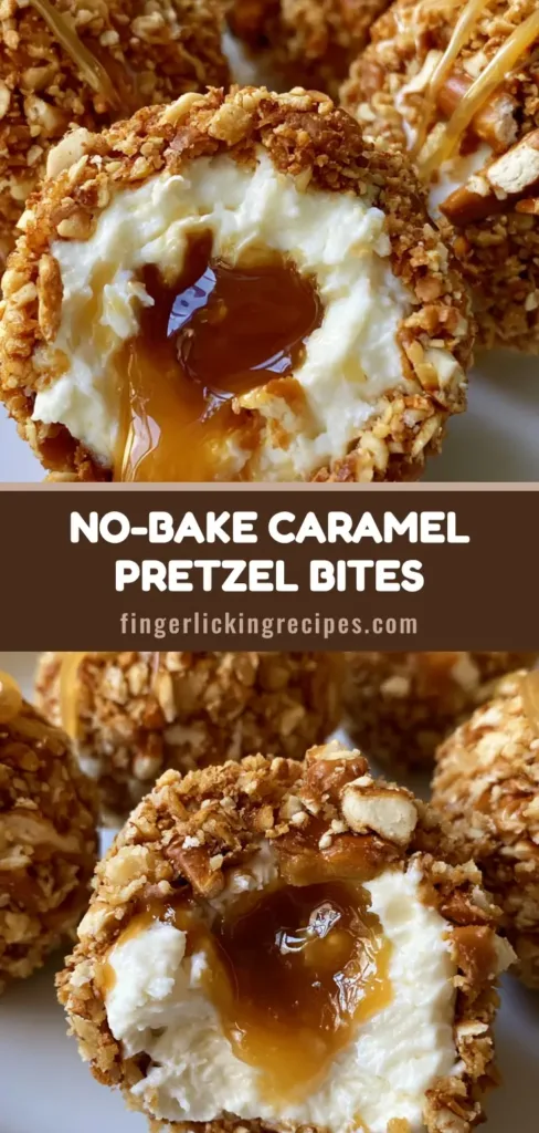 Salted Caramel Pretzel Cheesecake Bites: The Ultimate No-Bake Sweet & Salty Treat 6 A stack of Salted Caramel Pretzel Cheesecake Bites on a white plate with a center bite showing a liquid caramel core.