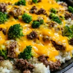 Close-up handheld smartphone photo of Cheesy Beef and Broccoli Rice showing the glossy orange cheese sauce and browned beef crumbles.