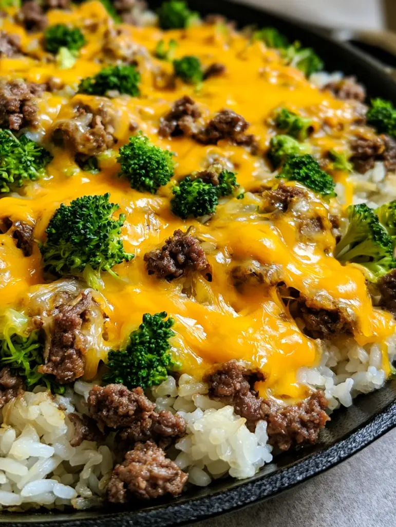 Close-up handheld smartphone photo of Cheesy Beef and Broccoli Rice showing the glossy orange cheese sauce and browned beef crumbles.