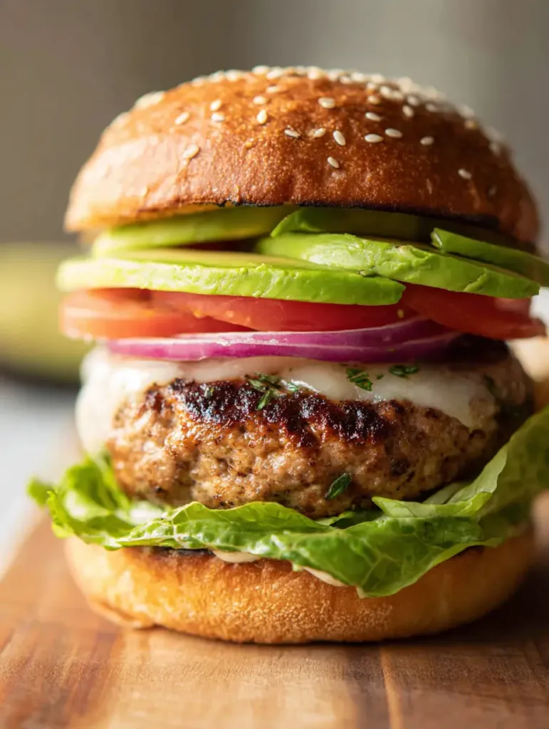 Eye-level shot of Juicy Ground Turkey Burgers on a wooden surface showing a dark brown seared crust and visible green herbs. (Juicy Ground Turkey Burgers)