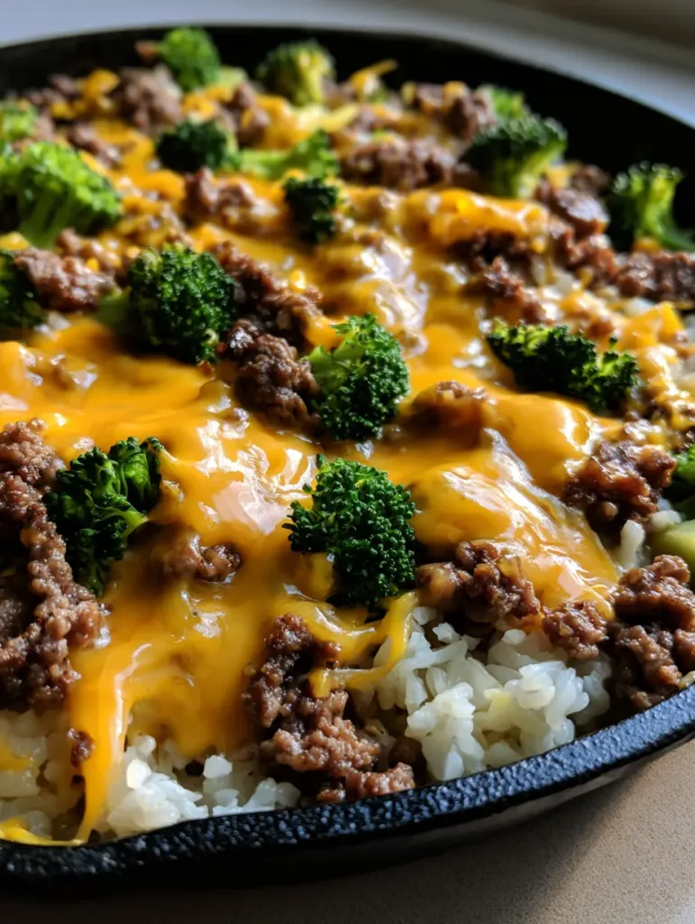 Top-down view of a cast iron skillet containing Cheesy Beef and Broccoli Rice with visible strings of melted cheddar cheese.