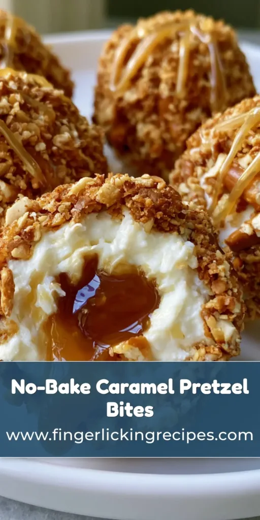 Salted Caramel Pretzel Cheesecake Bites: The Ultimate No-Bake Sweet & Salty Treat 7 A stack of Salted Caramel Pretzel Cheesecake Bites on a white plate with a center bite showing a liquid caramel core.