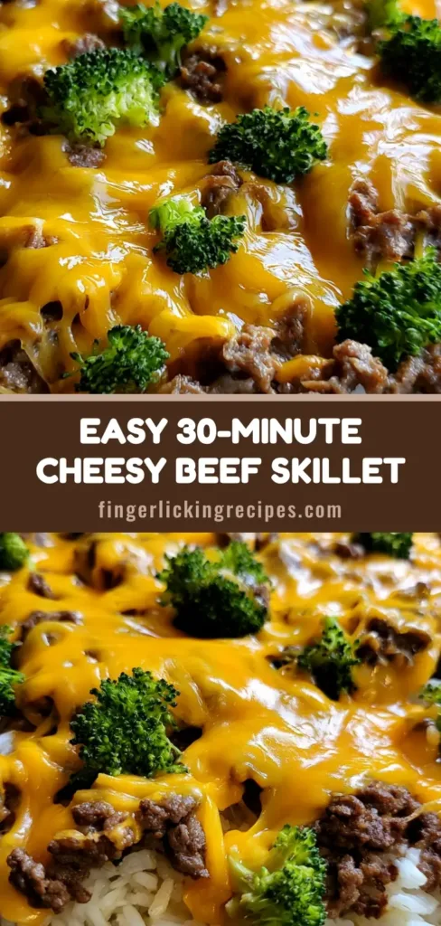 A black cast iron skillet filled with Cheesy Beef and Broccoli Rice, featuring browned ground beef, fluffy white rice, bright green broccoli, and melted orange cheddar sauce.