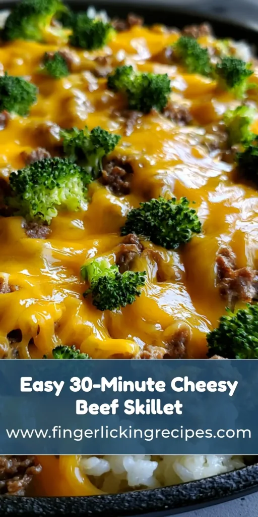 A black cast iron skillet filled with Cheesy Beef and Broccoli Rice, featuring browned ground beef, fluffy white rice, bright green broccoli, and melted orange cheddar sauce.
