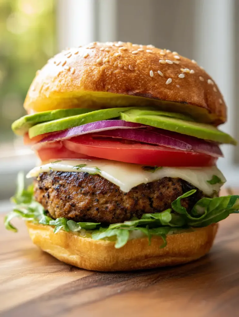 Detailed view of melted provolone cheese over a thick ground turkey patty with avocado slices. (Juicy Ground Turkey Burgers)