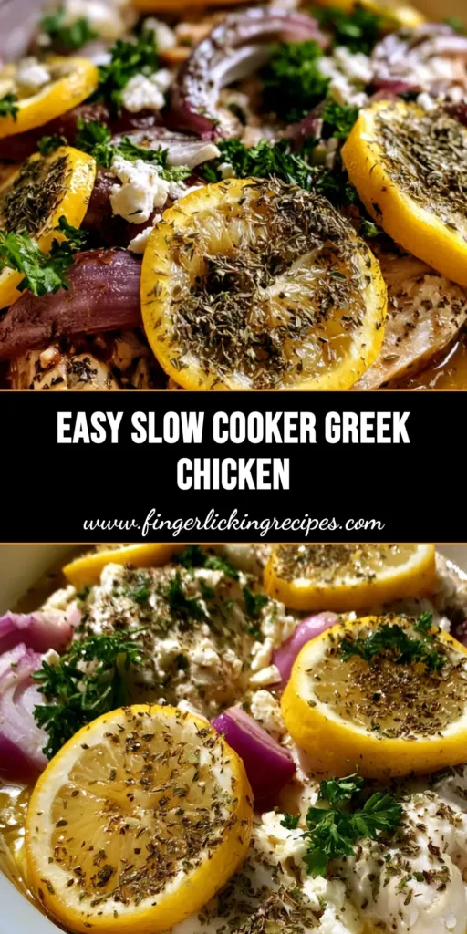 A top-down view of Slow Cooker Greek Chicken in a white ceramic pot with lemon slices, red onions, and feta crumbles.