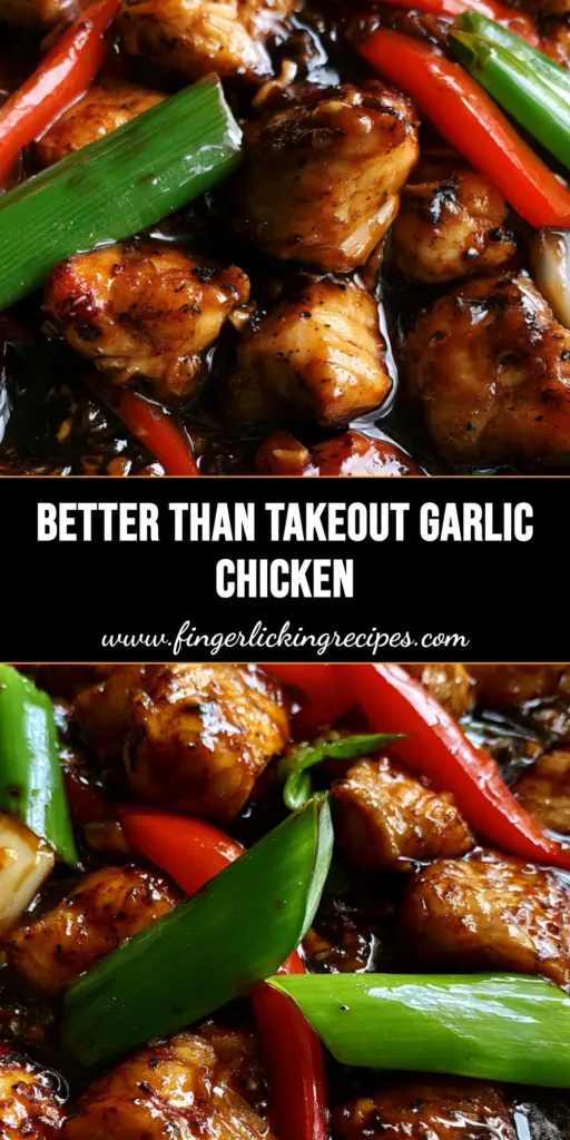 A close-up of Chinese Chicken in Garlic Sauce in a dark cast iron skillet, featuring seared chicken, red peppers, and green scallions in a glossy brown glaze.